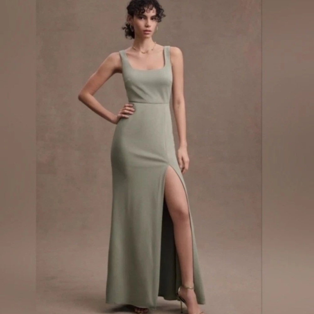 BHLDN X Anthropologie Ashlynn Square-Neck Crepe Side-Slit Dress Sz 6 Moss Green